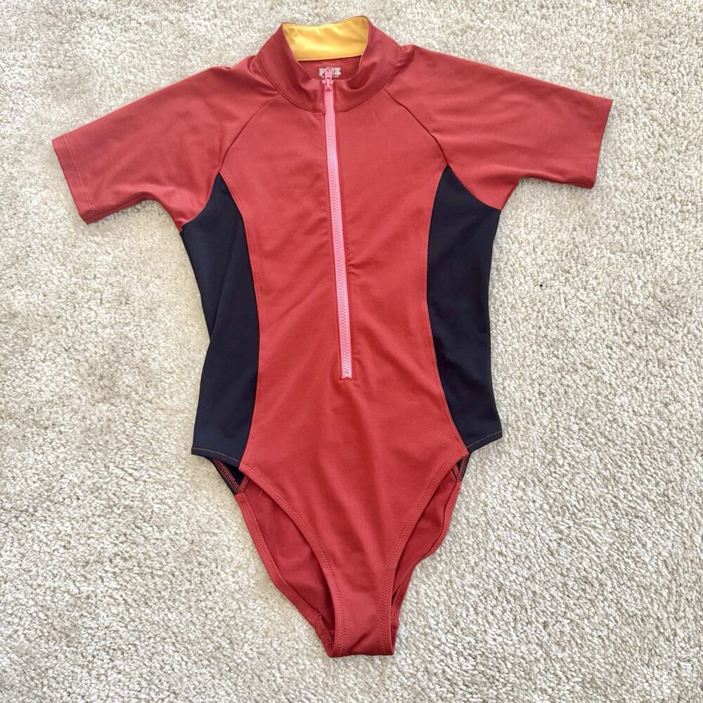 Victoria’s Secret PINK XS One Piece Swimsuit Red Black Short Sleeve Zip Front